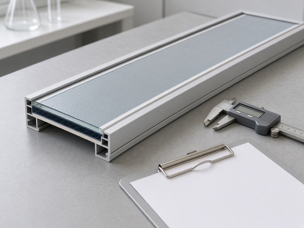 Pale gray composite solar module frame section on a materials laboratory bench