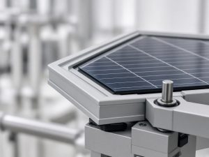 Composite solar module frame corner clamped in a mechanical test fixture