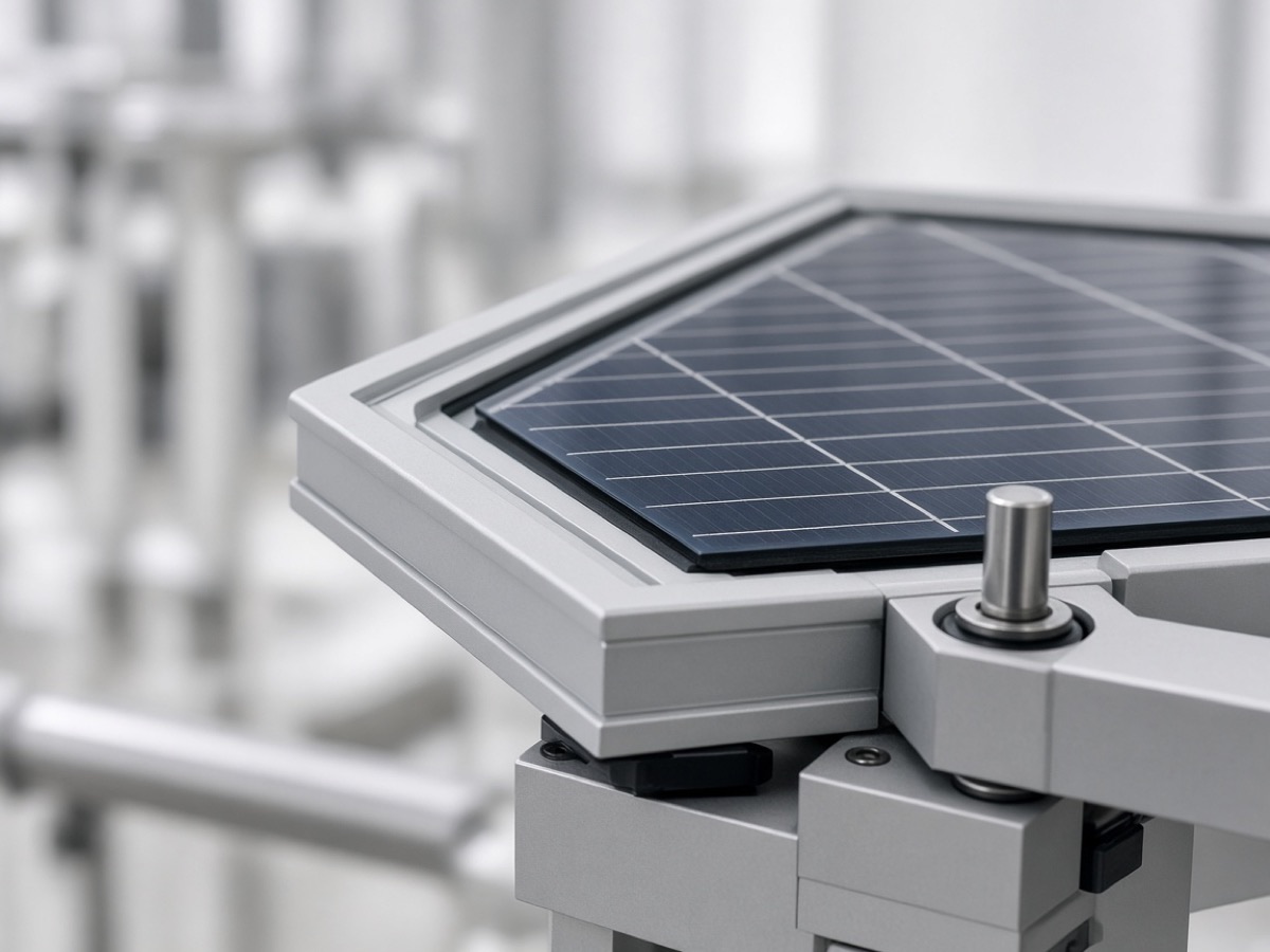 Composite solar module frame corner clamped in a mechanical test fixture