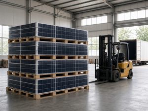 ** Palletized solar modules ready for container shipping in a factory warehouse