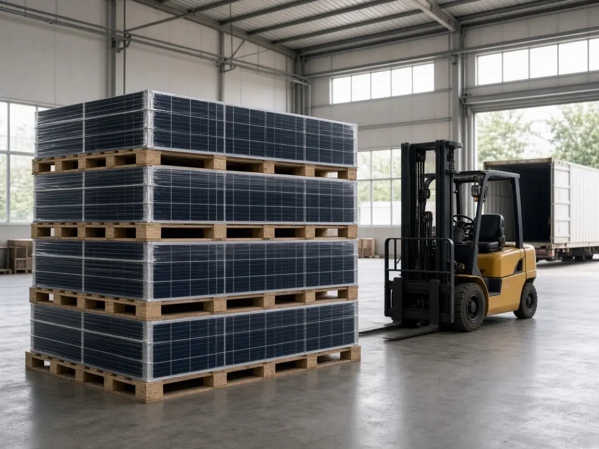 ** Palletized solar modules ready for container shipping in a factory warehouse