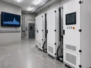 ** C&I battery cabinets in a factory electrical room with a demand-peak chart