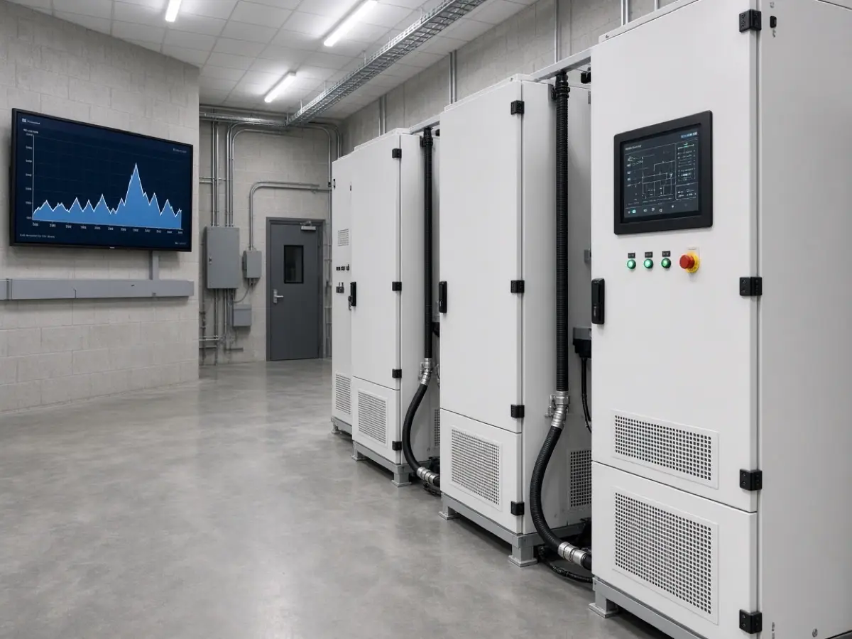 ** C&I battery cabinets in a factory electrical room with a demand-peak chart
