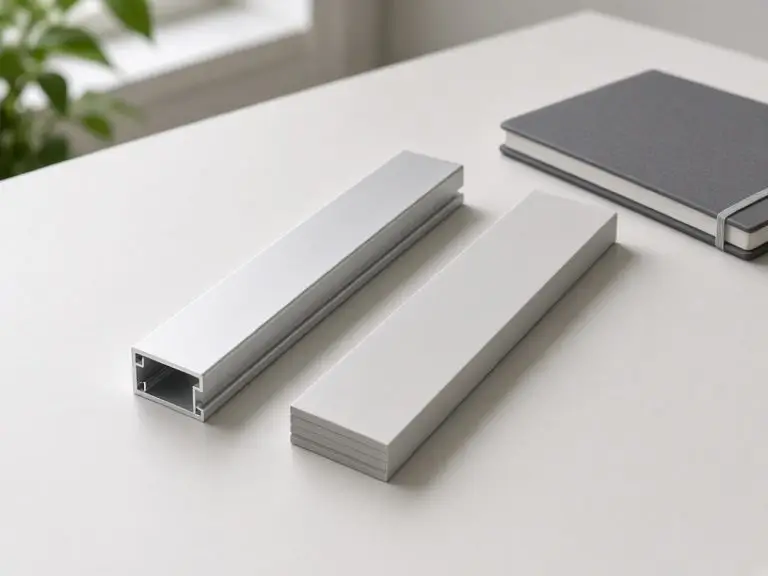 Silver aluminum and pale gray composite solar frame samples on a meeting table