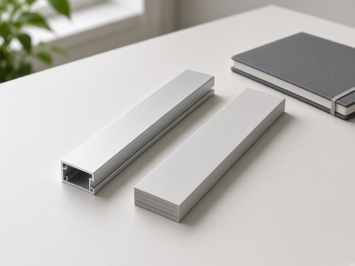 Silver aluminum and pale gray composite solar frame samples on a meeting table