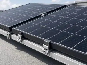 ** Composite non-conductive PV module frames on metal mounting rails