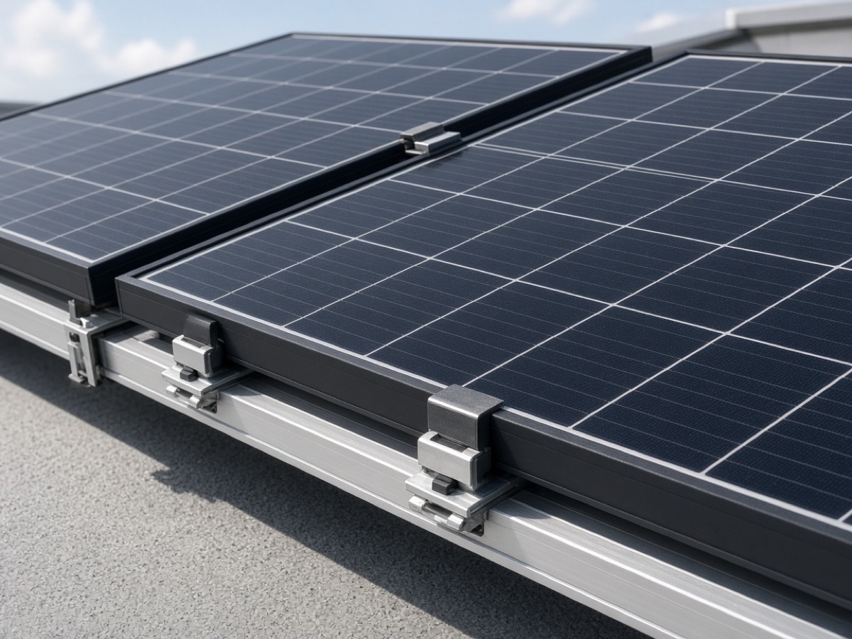 ** Composite non-conductive PV module frames on metal mounting rails