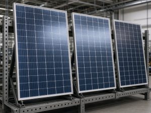 ** Three unmarked crystalline solar modules of different lengths on a factory rack