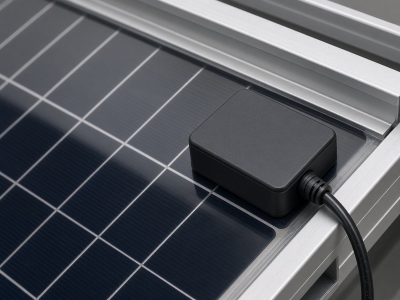 Unmarked solar module corner with frame, glass, and junction box, label turned away